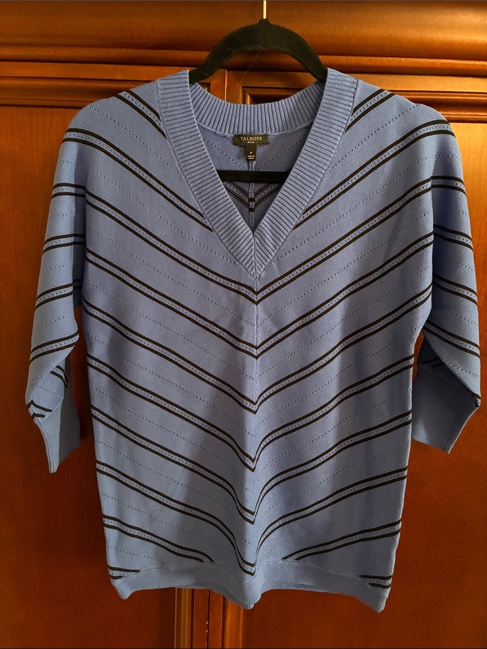 Talbots womens Light Blue V-Neck Striped Sweater